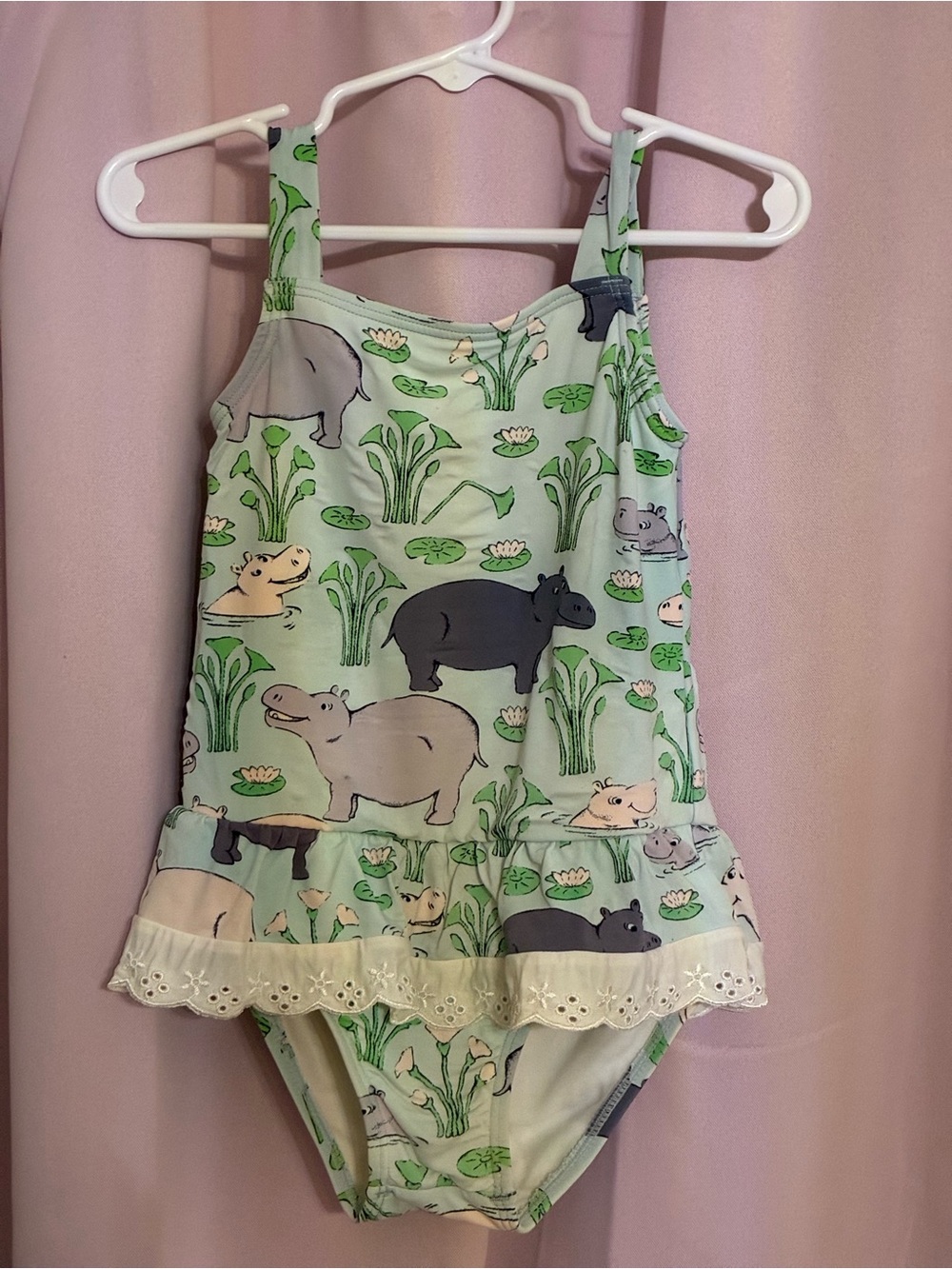 The Beaufort Bonnet Company Girls Mint Hippo Print Ruffle One-Piece Swimsuit